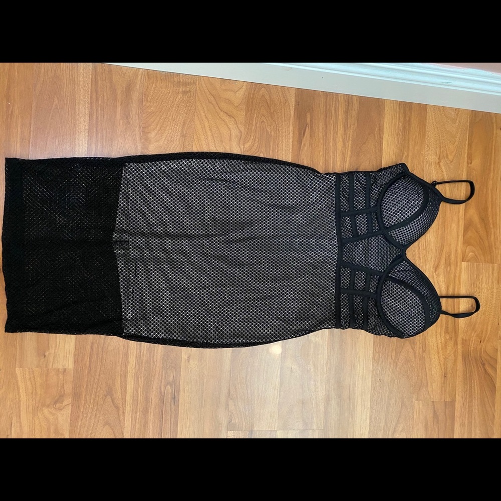 Nude & black mesh midi dress